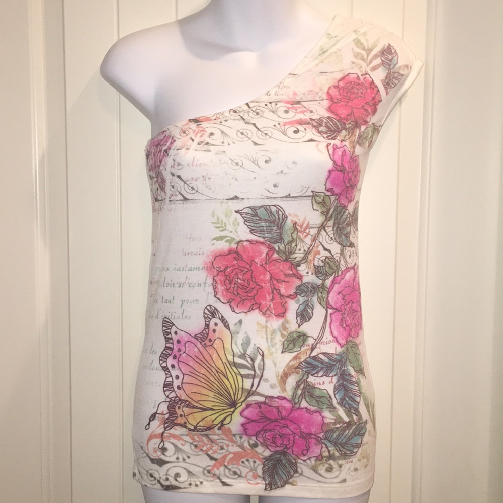 One Shoulder Sleeveless Floral Beige Top